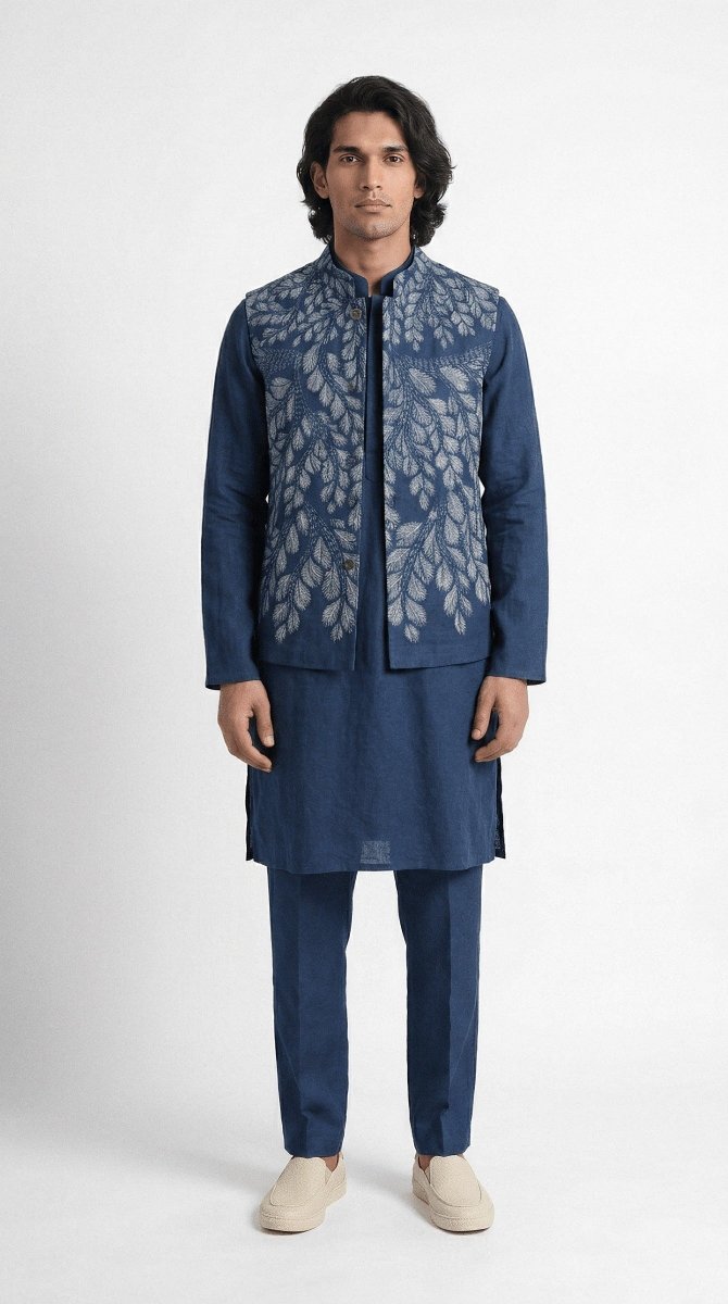 Plain Blue Kurta Pajama Set - Men - Cotton Satin - Naymish Designs