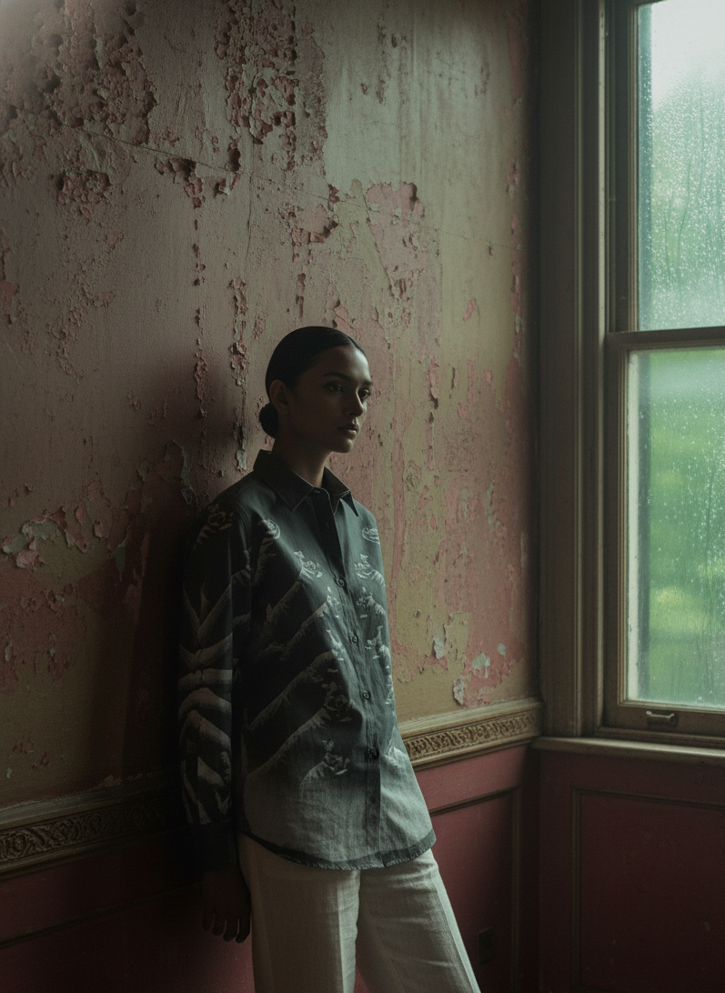 Person standing in a room with peeling pink wallpaper and a window