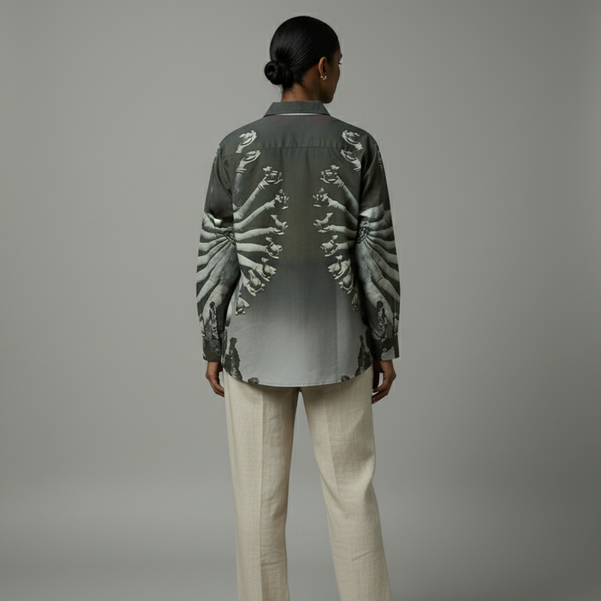 Person wearing a patterned shirt and beige pants against a gray background