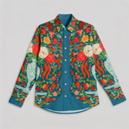 Spring Bloom teal floral cotton shirt, front flat lay