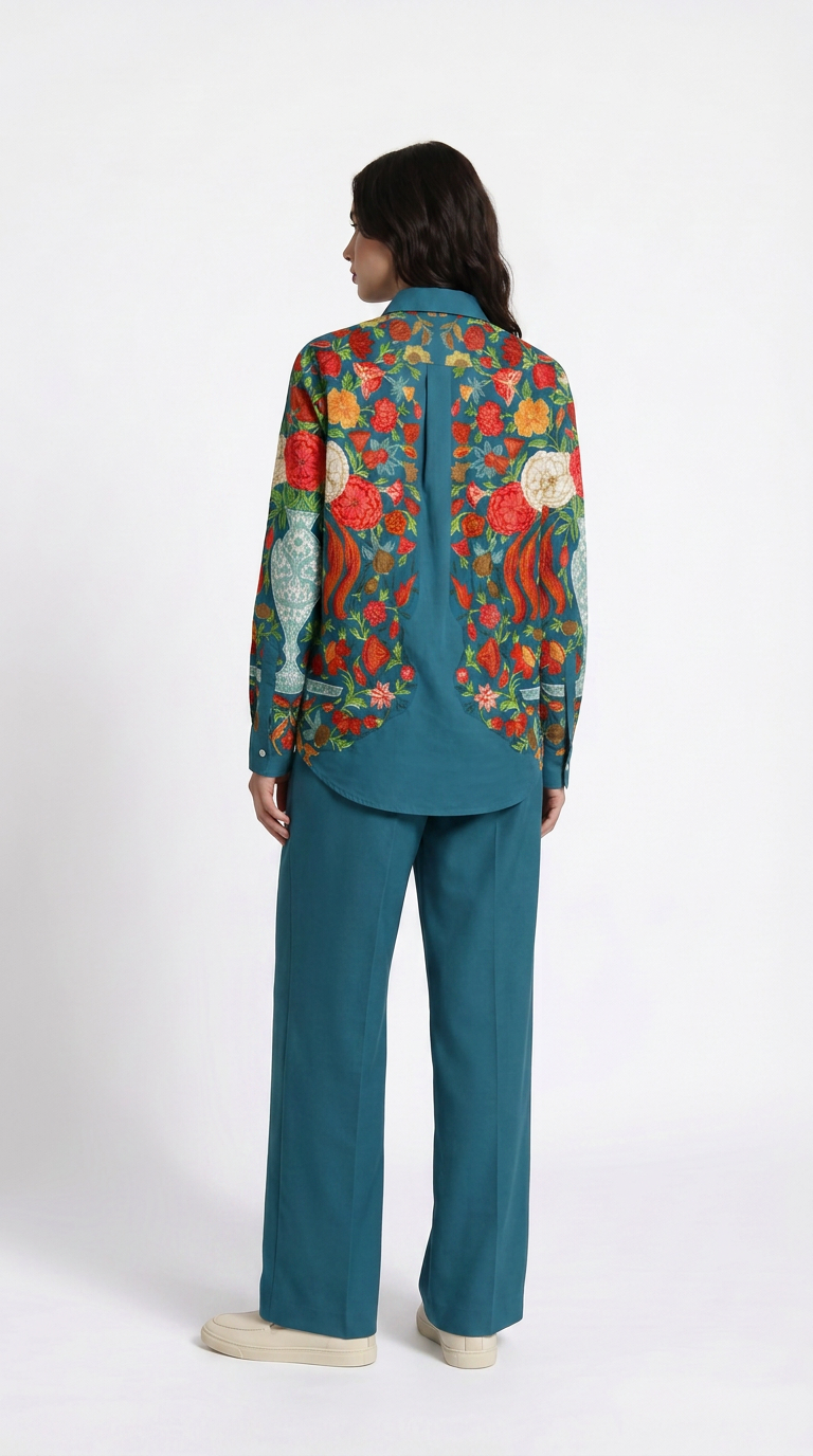 Spring Bloom teal floral cotton shirt worn by model, back view