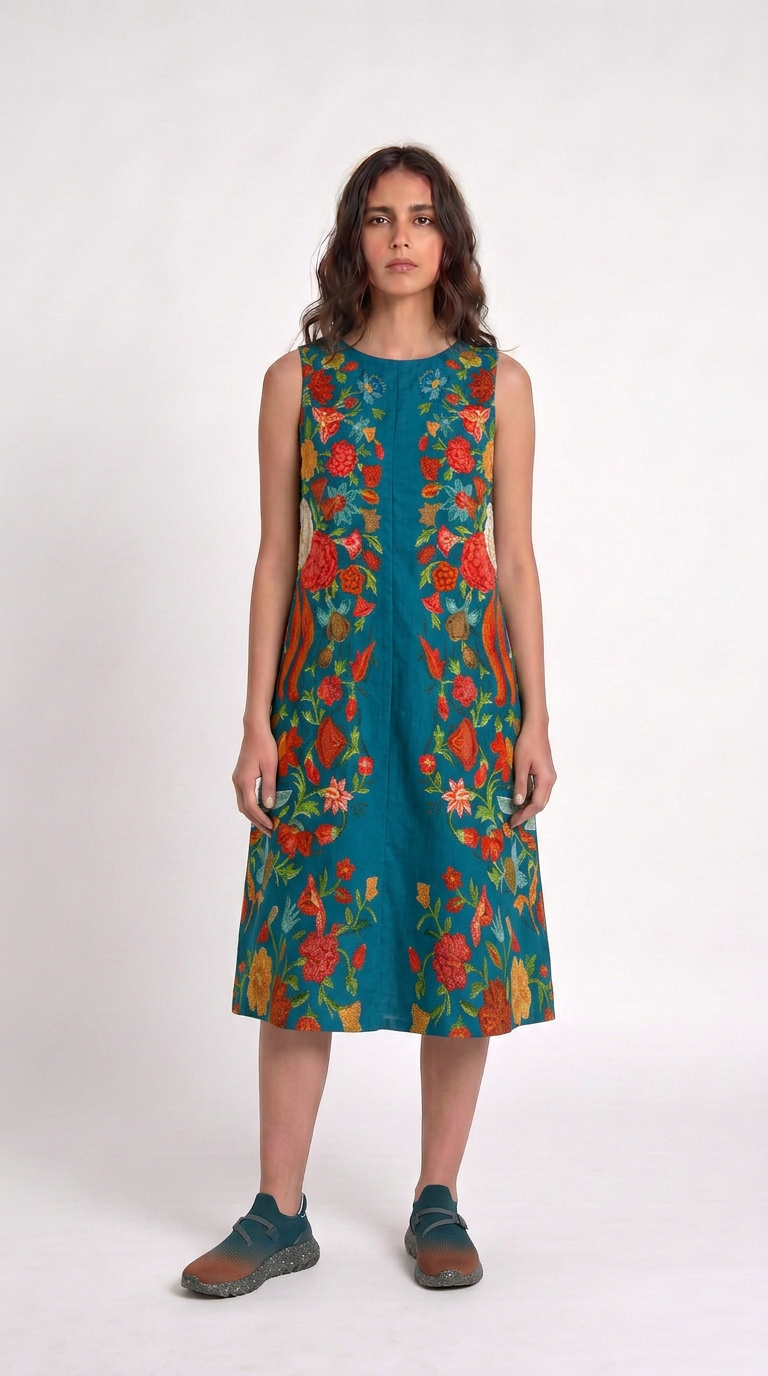 Spring Bloom teal floral cotton dress worn by model, front view