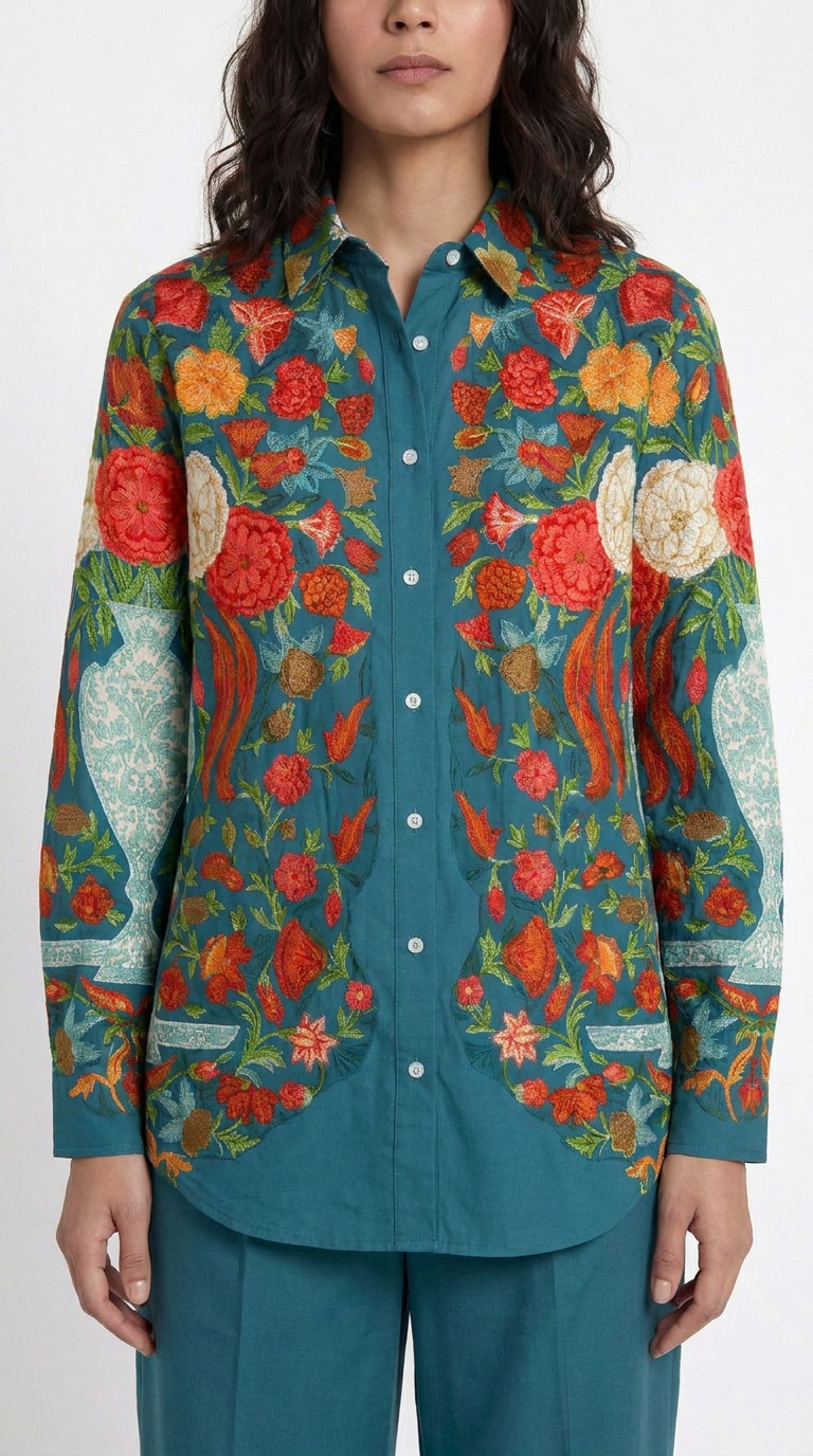 Close-up of Spring Bloom teal floral cotton shirt print