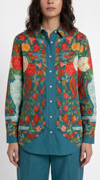 Close-up of Spring Bloom teal floral cotton shirt print