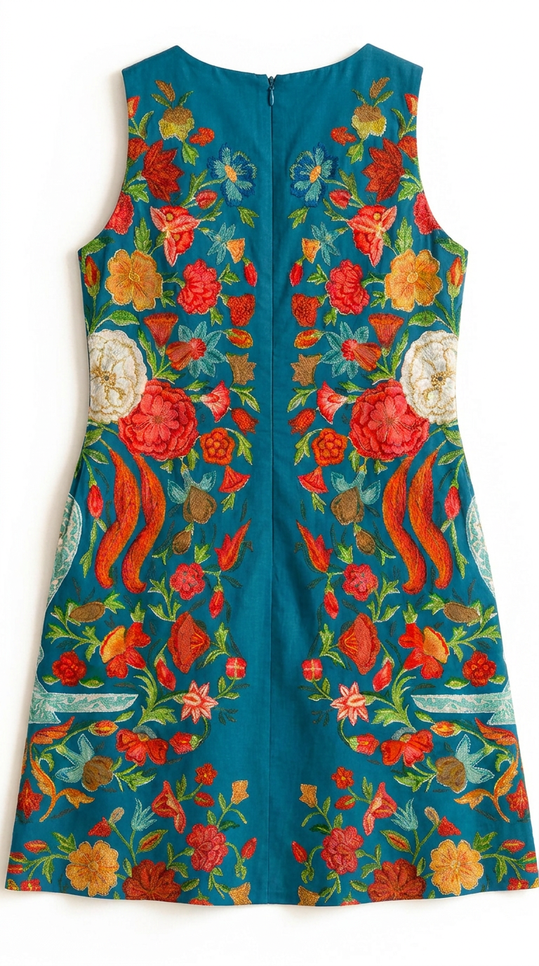 Spring Bloom teal floral cotton dress, back flat lay