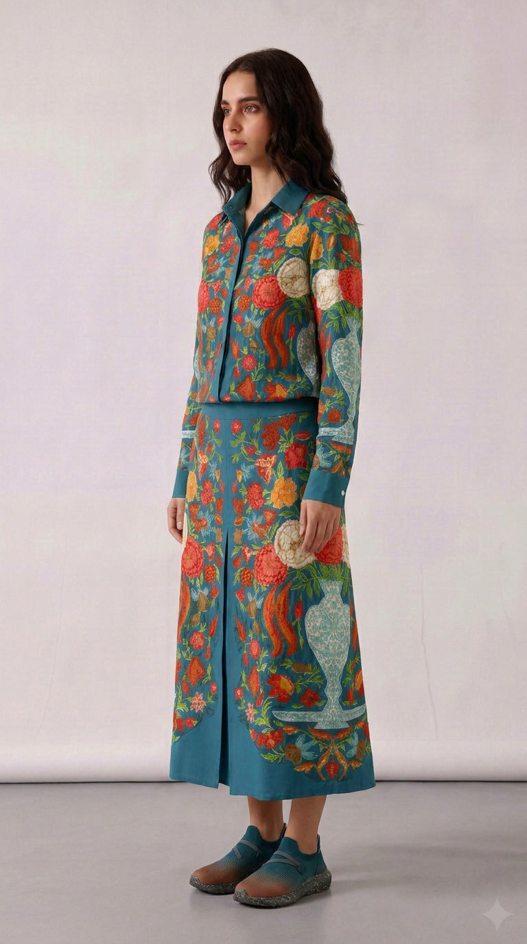 Spring Bloom teal floral cotton shirt skirt set worn by model, side view
