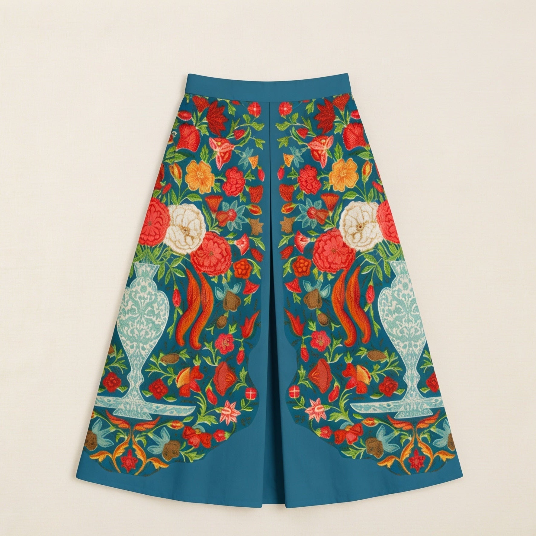 Spring Bloom teal floral cotton skirt from shirt skirt set, front flat lay