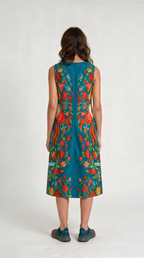 Spring Bloom teal floral cotton dress worn by model, back view