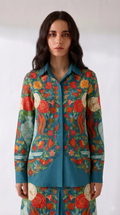 Spring Bloom teal floral cotton shirt worn by model, front view