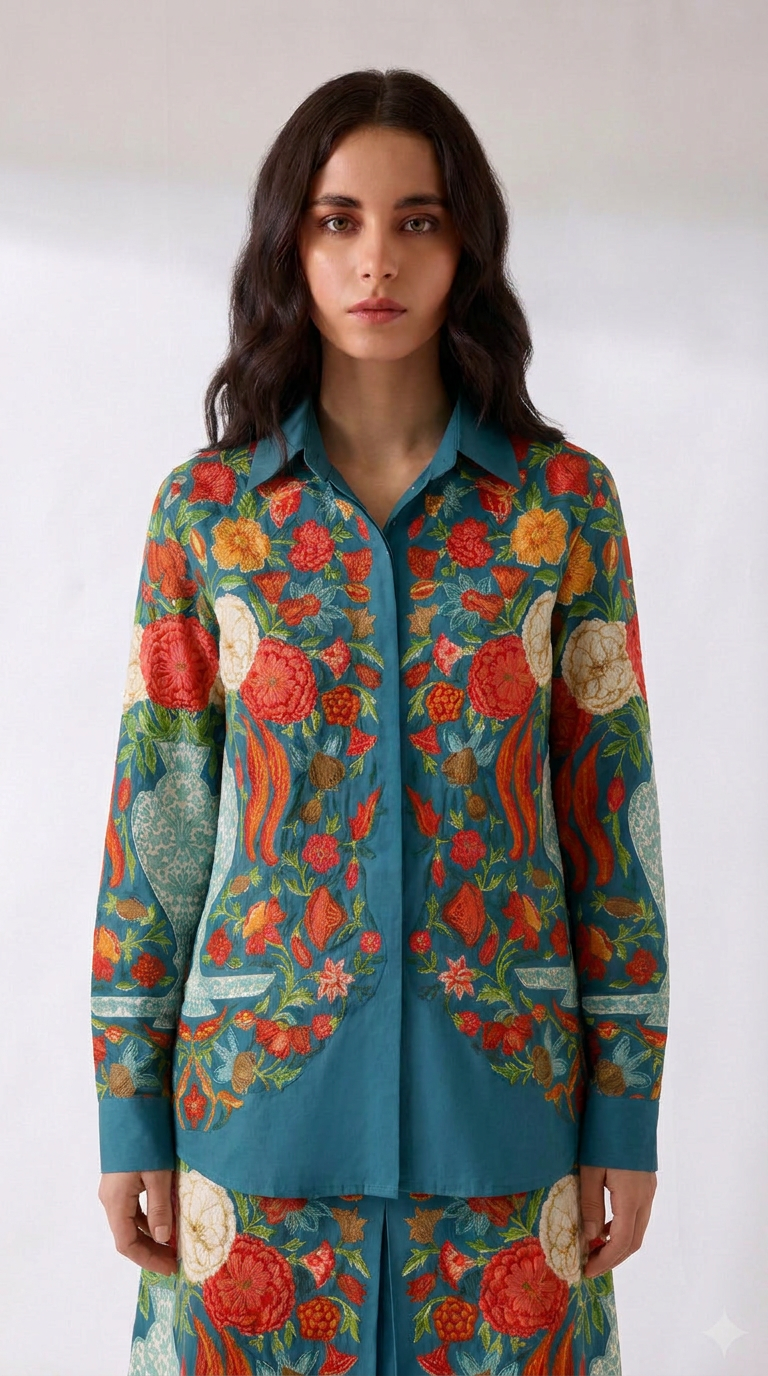 Spring Bloom teal floral cotton shirt worn by model, front view