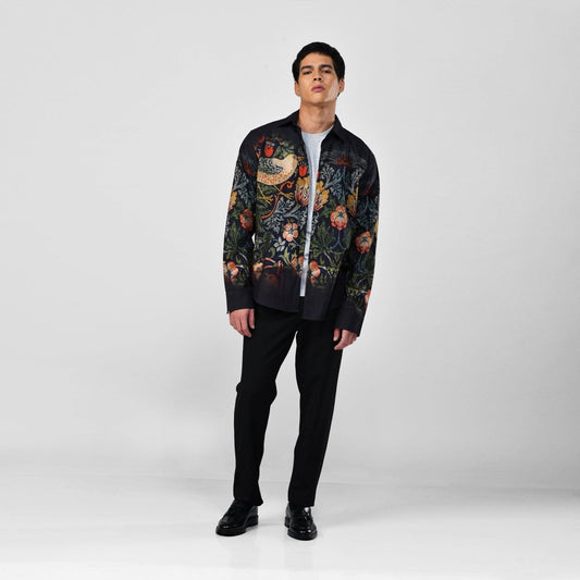 Strawberry Thief - black party wear luxury shirt for men now Available in Cotton and Linen - Naymish Designs
