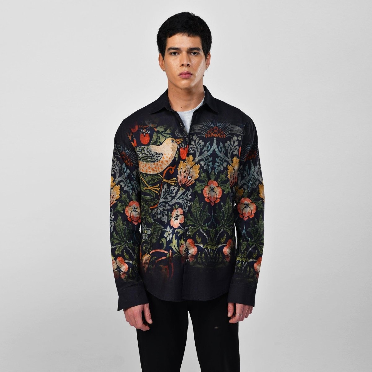 Strawberry Thief - black party wear luxury shirt for men now Available in Cotton and Linen - Naymish Designs
