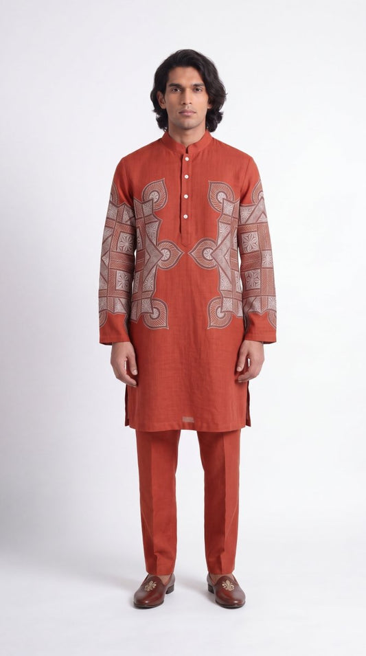 Terra Rangoli Kurta - Men - Red - Cotton - Naymish Designs