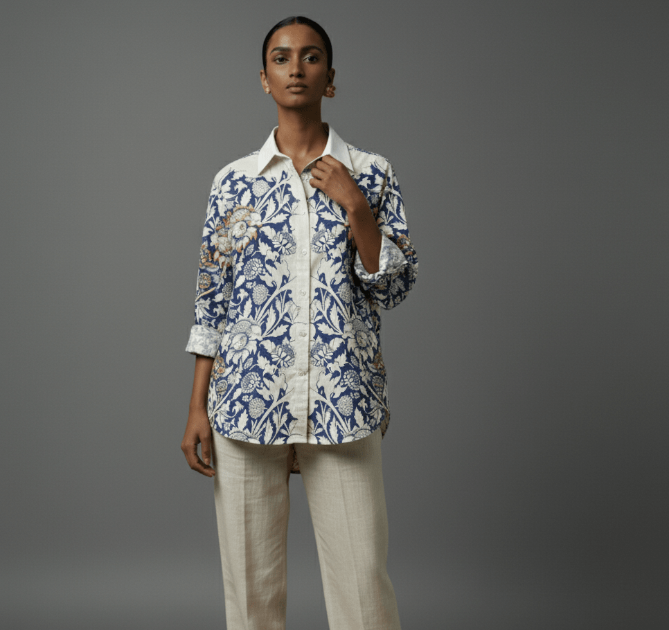 Unfinished Shirt - Blue Floral printed white shirt for Women Available in Cotton and Linen - Naymish Designs