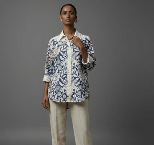 Unfinished Shirt - Blue Floral printed white shirt for Women Available in Cotton and Linen - Naymish Designs