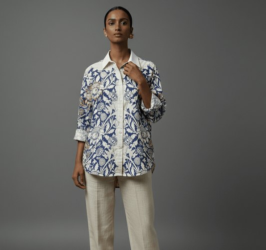 Unfinished Shirt - Blue Floral printed white shirt for Women Available in Cotton and Linen - Naymish Designs