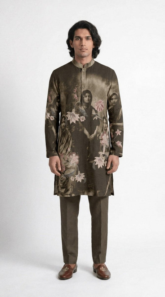 Vintage Family Kurta - Men - Brown - Cotton Satin - Naymish Designs