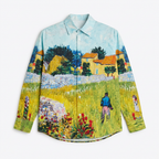 Women Shirt Farmhouse Skyblue Van Gogh Art Shirt Cotton and Linen - Naymish Designs
