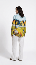 Women Shirt Farmhouse Skyblue Van Gogh Art Shirt Cotton and Linen - Naymish Designs